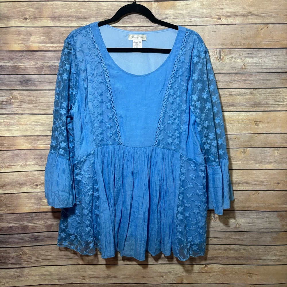 Paisley Vine Blue Babydoll Layered Tunic Bohemian Blouse 2X
